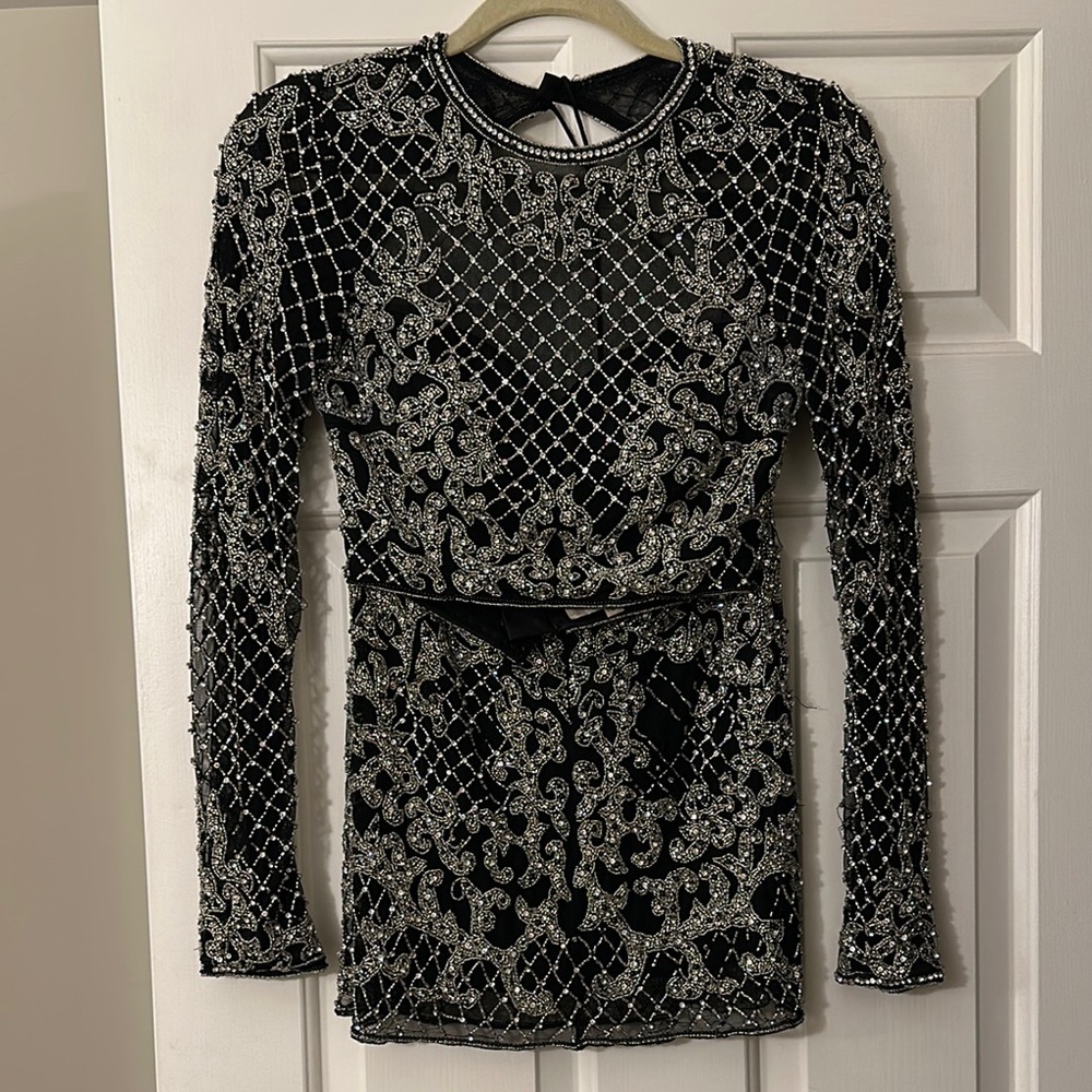 Black and Silver Embellished 2 piece long Sleeve Sherri Hill formal Dress size 0